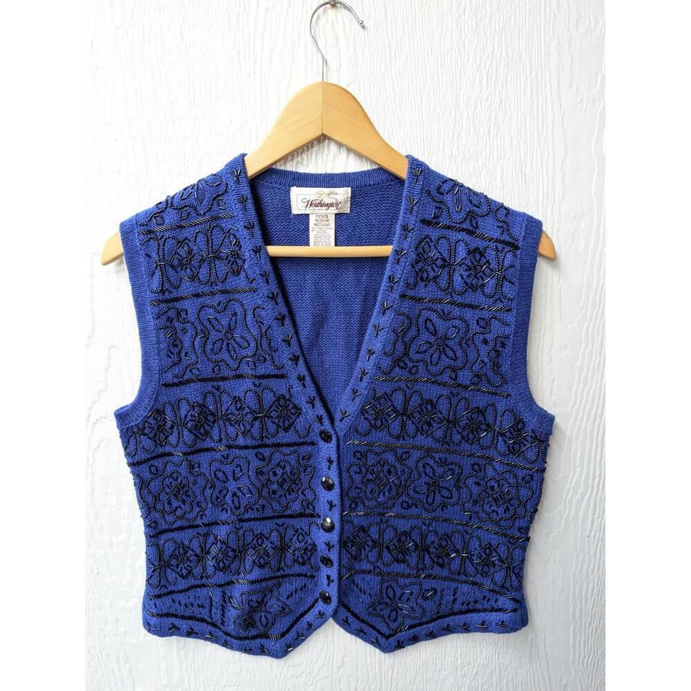 Vintage Worthington Blue Beaded Sweater Vest Holiday Party 90s Medium Petite